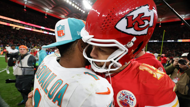 Nov 5, 2023; Frankfurt, Germany, ; Kansas City Chiefs quarterback Patrick Mahomes (15) greets Miami Dolphins quarterback Tua Tagovailoa (1) after an NFL International Series game at Deutsche Bank Park. Mandatory Credit: Nathan Ray Seebeck-USA TODAY Sports  